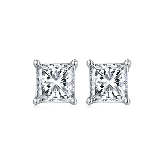 Princess Moissanite Stud Earrings in 18K White Gold Plated Sterling Silver (2ct. ) - La Pretti