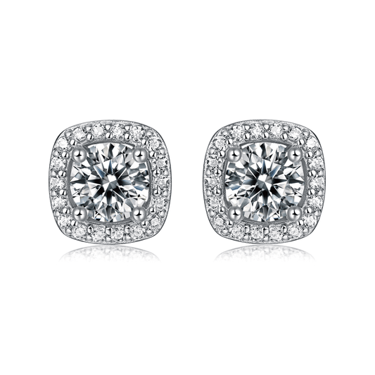 Square Moissanite Stud Earrings with Halos in 18K White Gold Plated Sterling Silver (1 - 2ct. ) - La Pretti