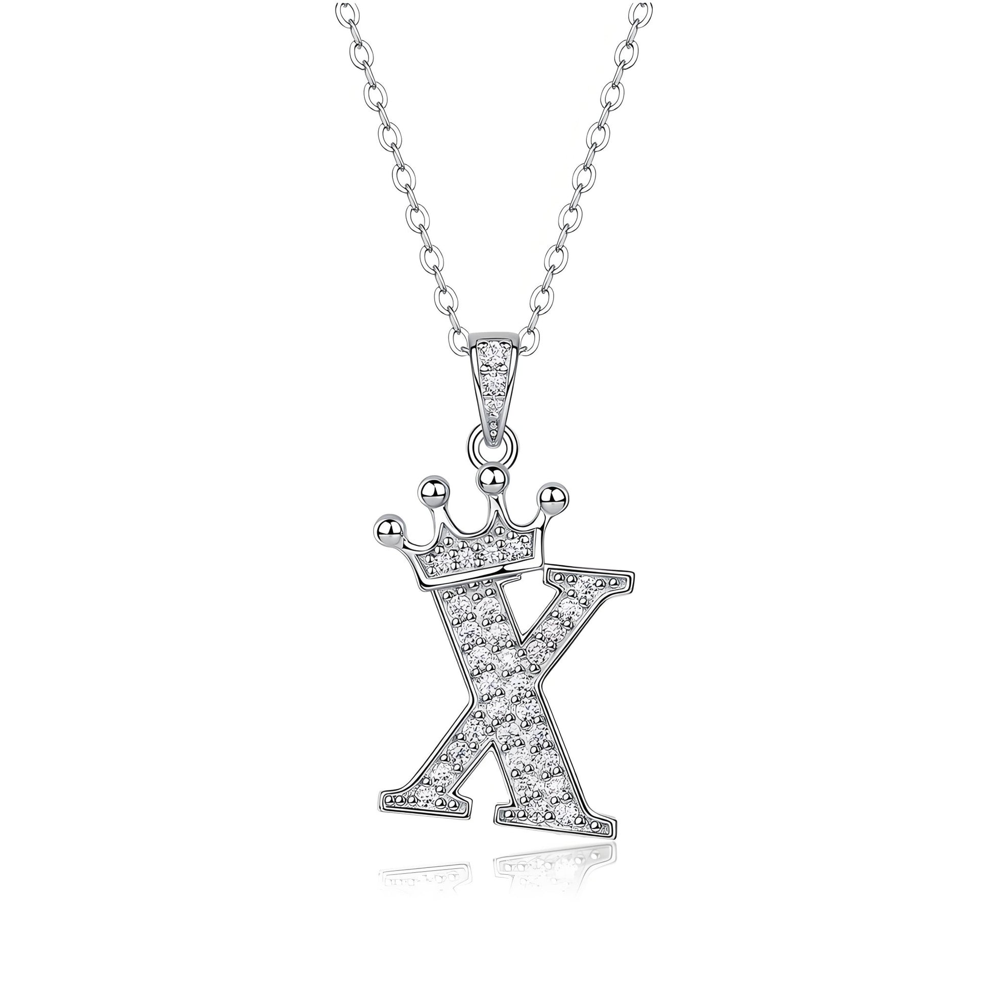 Crown Initial 'X' Letter Customized Moissanite Pendant Necklace of Tiara Alphabet with Halo Bail in 18K Gold Plated Sterling Silver - La Pretti