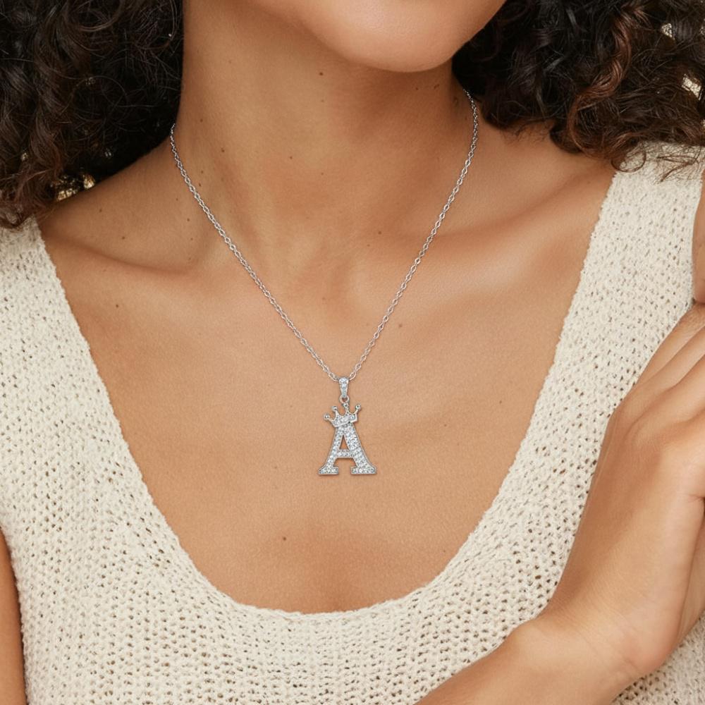 Crown Initial 'E' Letter Customized Moissanite Pendant Necklace of Tara Alphabet with Halo Bail in 18K Gold Plated Sterling Silver - La Pretti