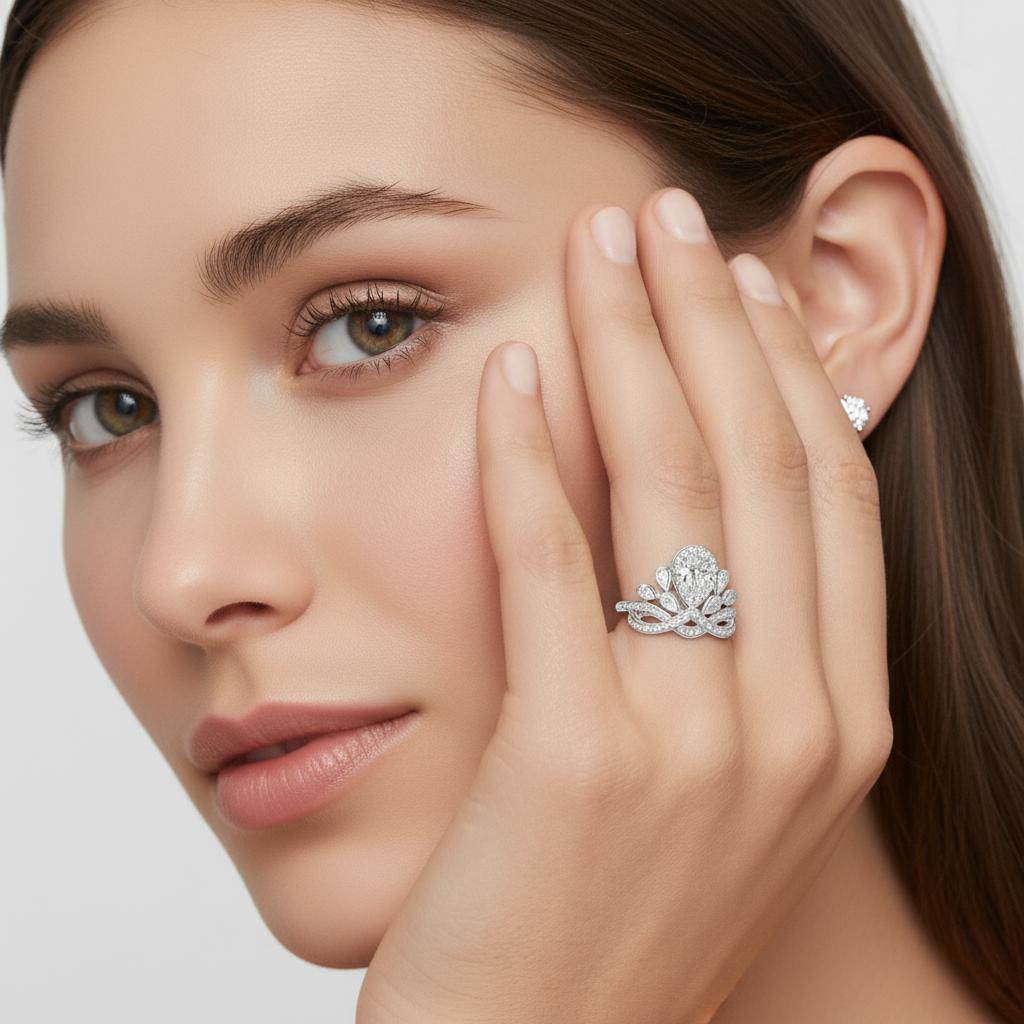Josephine Crown Imperiale Pear Shaped Moissanite Halo Engagement Ring in Pave Setting (1ct. ) - La Pretti