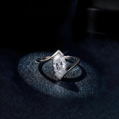 Solitaire Marquise Moissanite Half Bezel Engagement Ring in Curved Bypass (1ct. ) - La Pretti