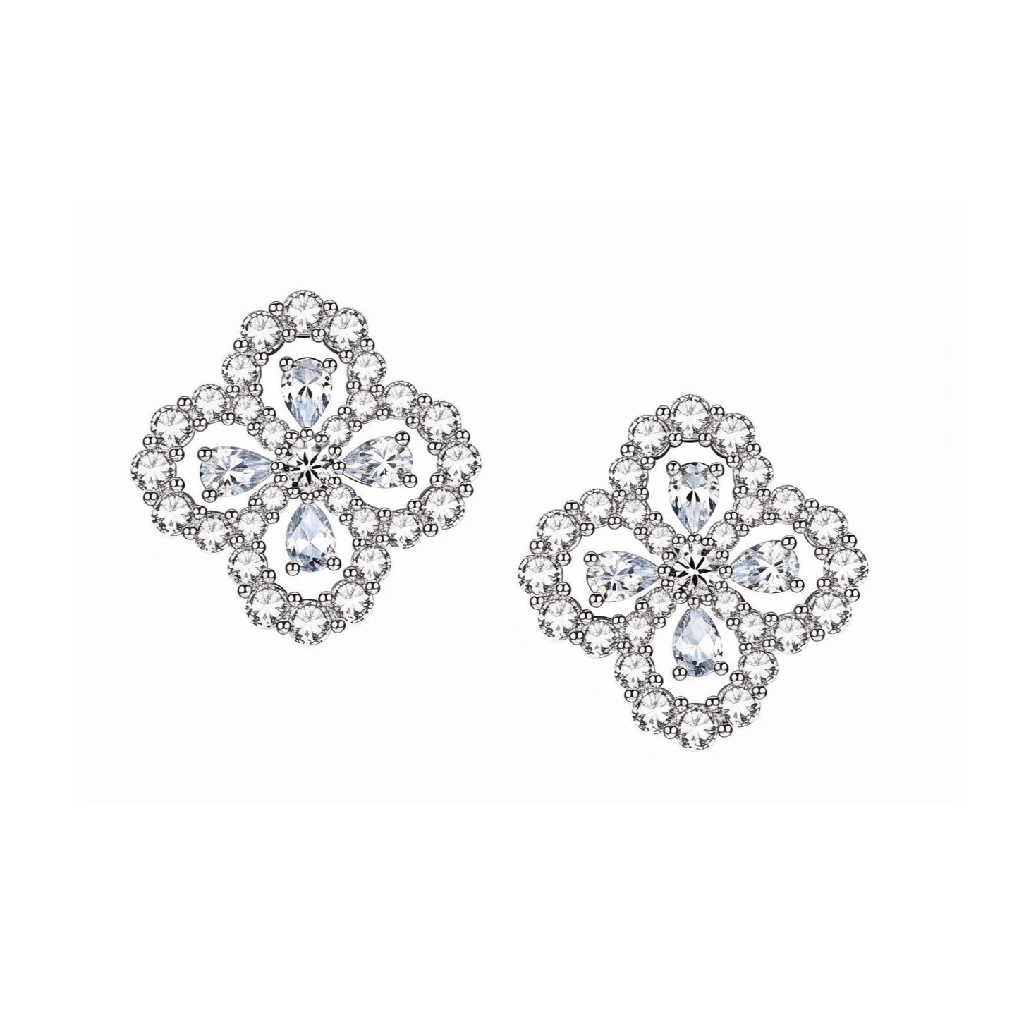 Pear Shaped Clover Moissanite Stud Earrings with Floral Halos in 18K White Gold Plated Sterling Silver Openwork Accented Border - La Pretti