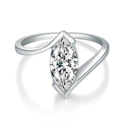 Solitaire Marquise Moissanite Half Bezel Engagement Ring in Curved Bypass (1ct. ) - La Pretti