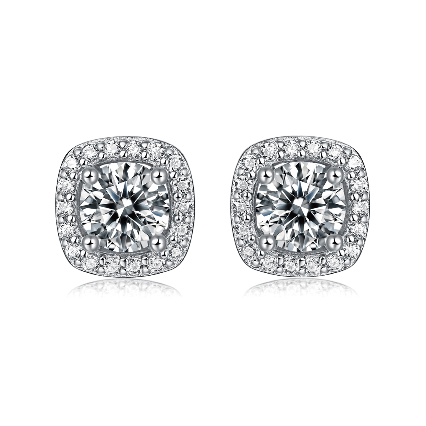 Square Moissanite Stud Earrings with Halos in 18K White Gold Plated Sterling Silver (1 - 2ct. ) - La Pretti