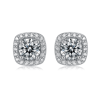 Square Moissanite Stud Earrings with Halos in 18K White Gold Plated Sterling Silver (1 - 2ct. ) - La Pretti