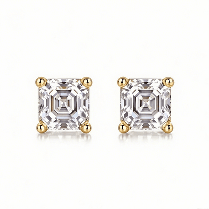 Asscher Moissanite Stud Earrings in 18K White Gold Plated Sterling Silver (2ct. ) - La Pretti