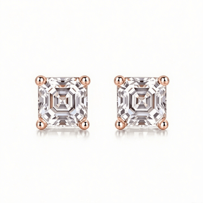 Asscher Moissanite Stud Earrings in 18K White Gold Plated Sterling Silver (2ct. ) - La Pretti