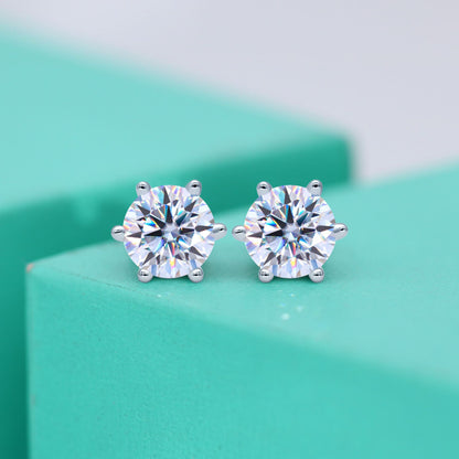 Round Moissanite Stud Earrings with 6 Prongs in 18K White Gold Plated Sterling Silver (1 - 6ct. ) - La Pretti