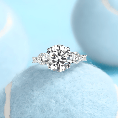 Trilogy Round Moissanite Three Stone Engagement Ring with Hidden Halo in Baskets Pave Setting (5ct. ) - La Pretti
